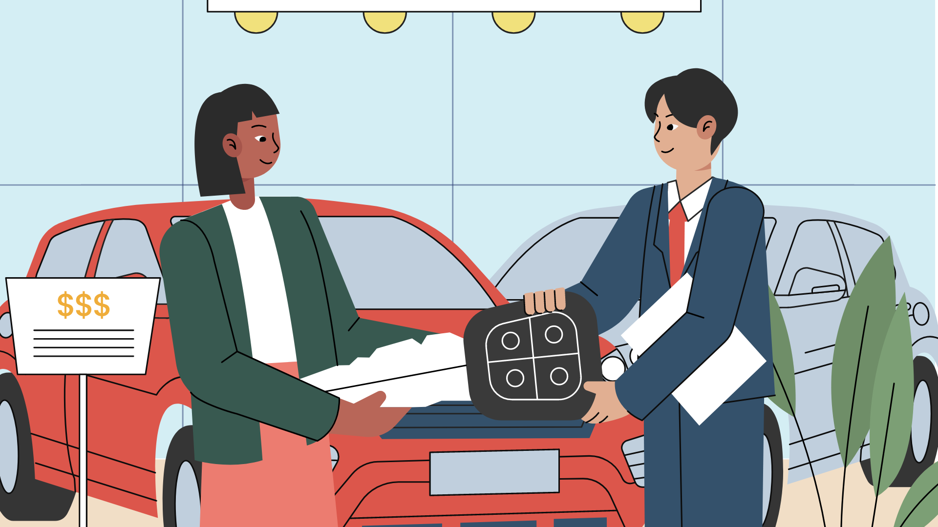 Illustration of Person Taking Keys From Salesman at Car Dealership